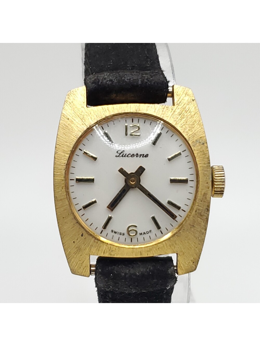 Vintage Lucerne Mechanical Watch Women Running Gold Tone Black Band 23mm